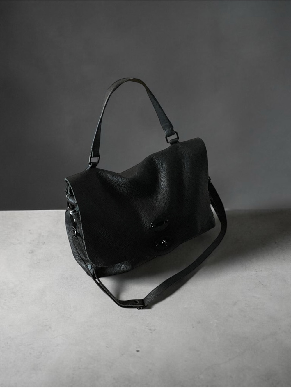 Zanellato Postina Black Pebbled Leather Shoulder Bag - Monochrome Edition